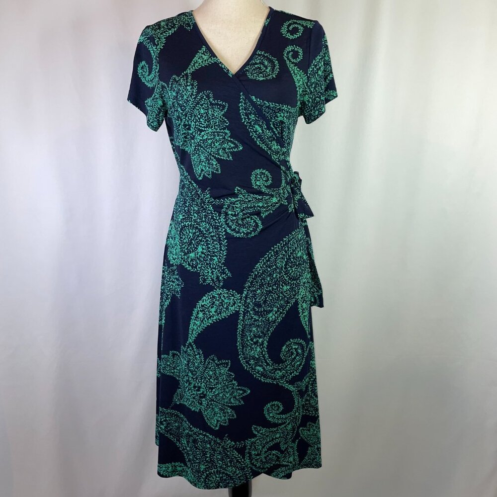 Ripe Maternity Wrap Dress Navy Green Paisley Short Sleeves Size M